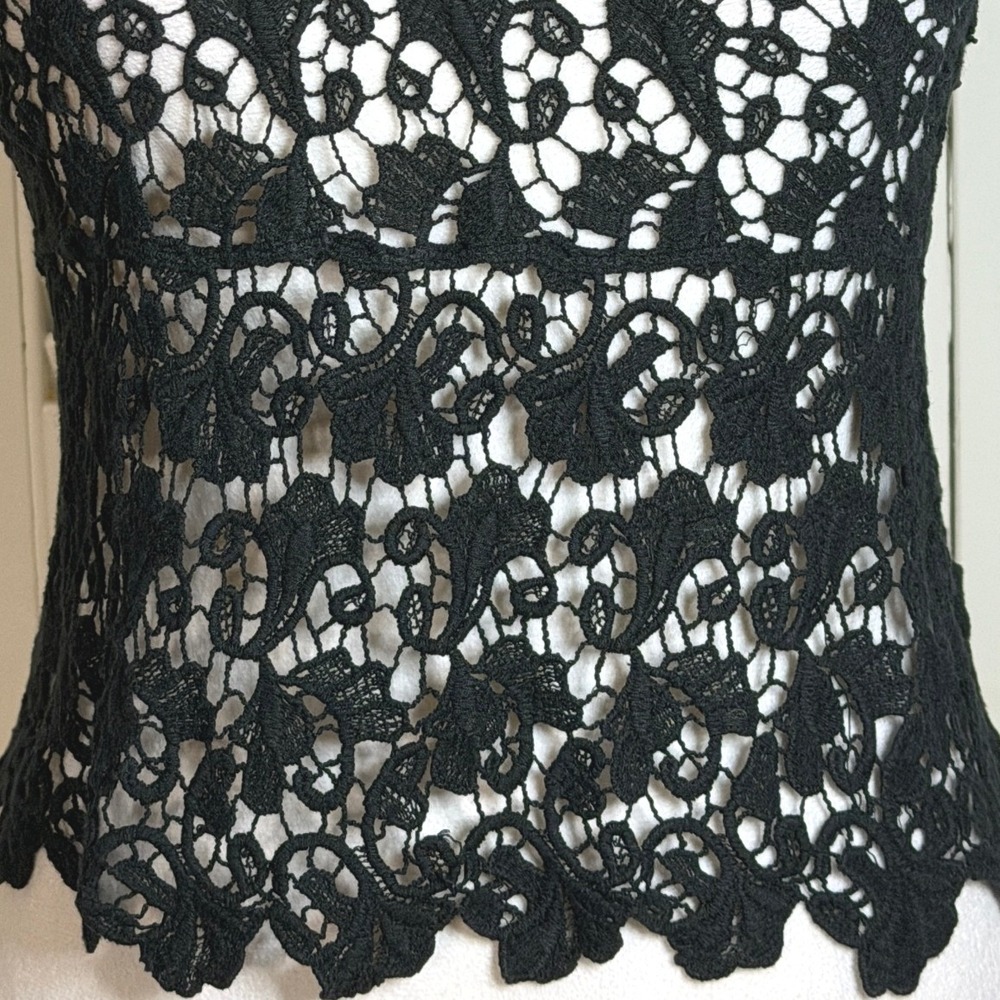 Black Crochet Lace Boho Halter Top Womens S Festival Goth Sheer Guipure Floral - Picture 9 of 11